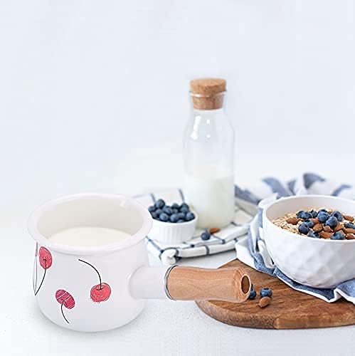 Enamel Milk Pot, Small Saucepan Butter Warmer 4 Inch 17 Oz with Wooden Handle for Heating Smaller Liquid Portions