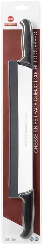 Mundial 16-Inch Carbon Stainless Steel Cheese Slicer Knife – Double Handle, Granton Edge for Non-Stick Cutting, Includes Safety Sleeve Protector, Ideal for Blocks of Cheese