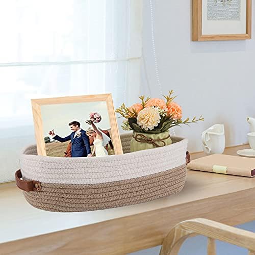 2 Pack Cotton Rope Bathroom Decor Basket,Toilet Paper Holder Basket,Farmhouse Home Decor Organizing Baskets 13"x5.9"x4" Brown Stitching White