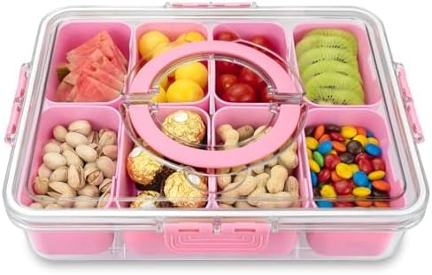 Divided Serving Tray with Lid and Handle, 8 Compartments Snack Box, Portable Platter for Candy Fruits Nuts, Snack Party Entertaining Picnic