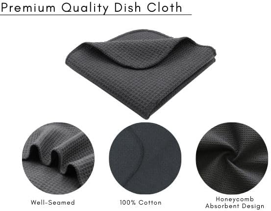 PurpleEssences Dish Cloths and Dish Rags - 6 Pack Waffle Weave Solid Kitchen Dish Wash Cloths, 100% Cotton, 12 x 12 Inches, Ultra Soft Absorbent Quick Drying - Spring Summer - Dark Grey