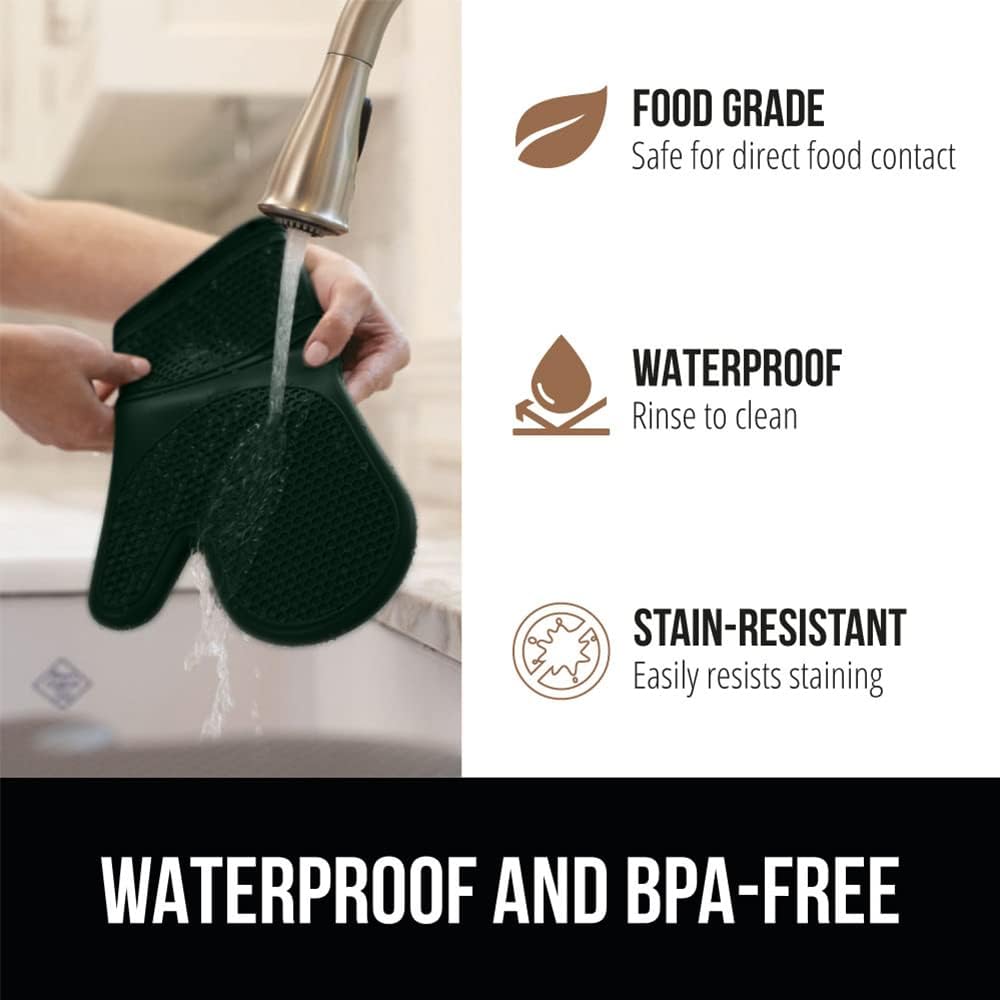 GORILLA GRIP BPA-Free Soft Silicone Oven Mitts, Heat Resistant and Waterproof Cooking Gloves, Thick Cotton Lining, Flexible Gripping for Baking Grilling, Kitchen Potholders Set, 12.5x8.3, Hunter Green