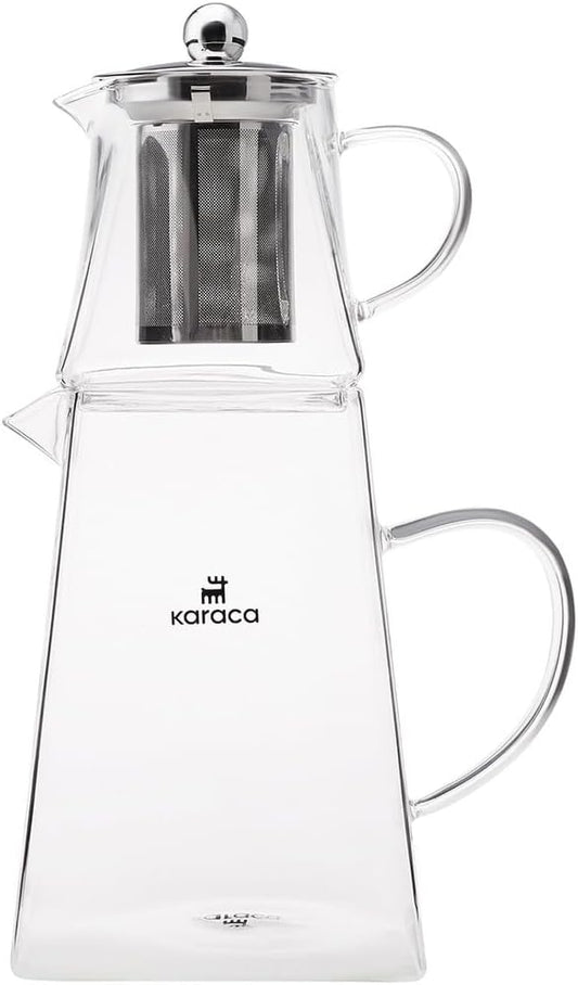 Karaca Giza Borosilicate Glass Teapot with Infuser and Lid for Stovetop, Transparent, 0.45.L Tea Pot & 1.5L Tea Kettle Set for Loose Leaf & Herbal, Dishwasher Safe