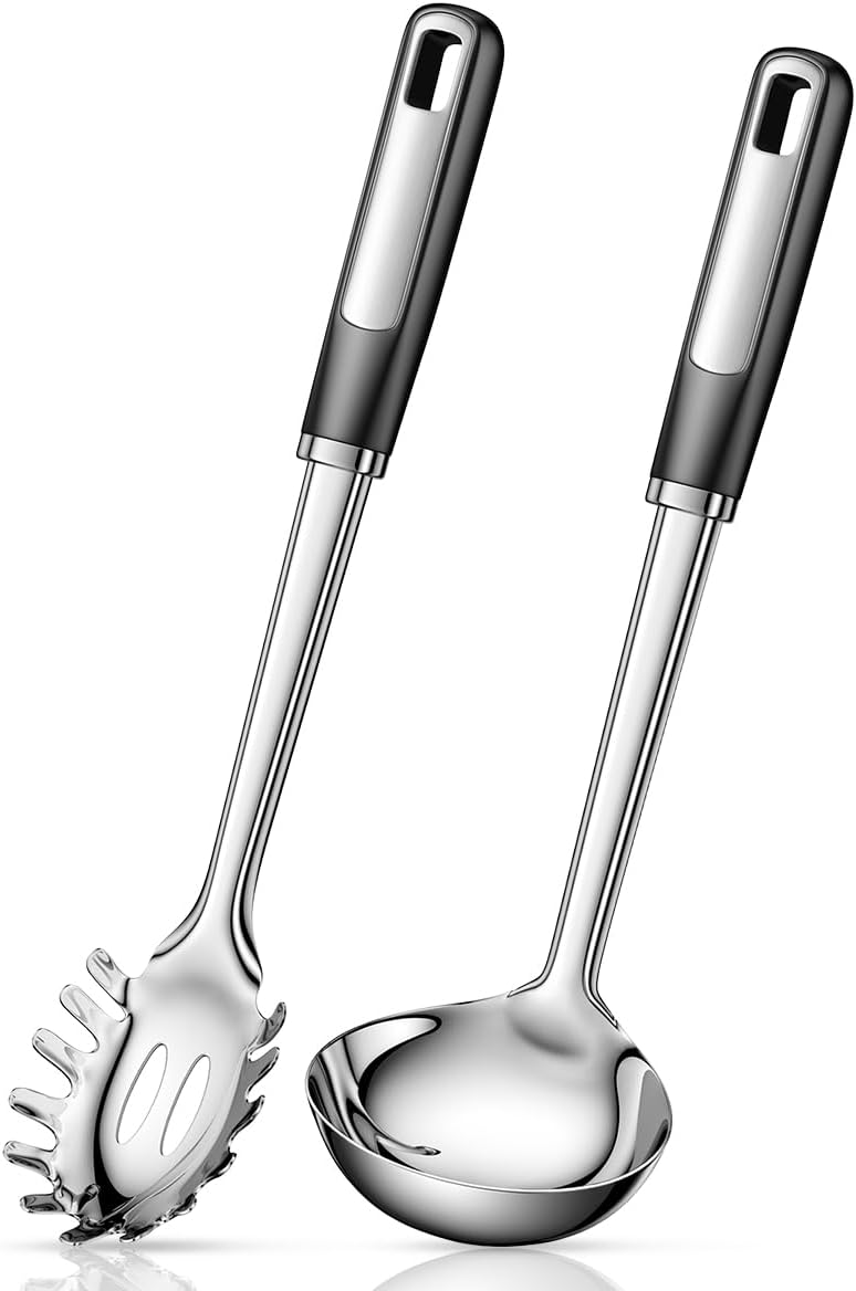 Pasta Fork and Ladle Spoon Set, Large Kitchen Utensils for Cooking,Stirring,Serving Spaghetti, Soup, Sauce