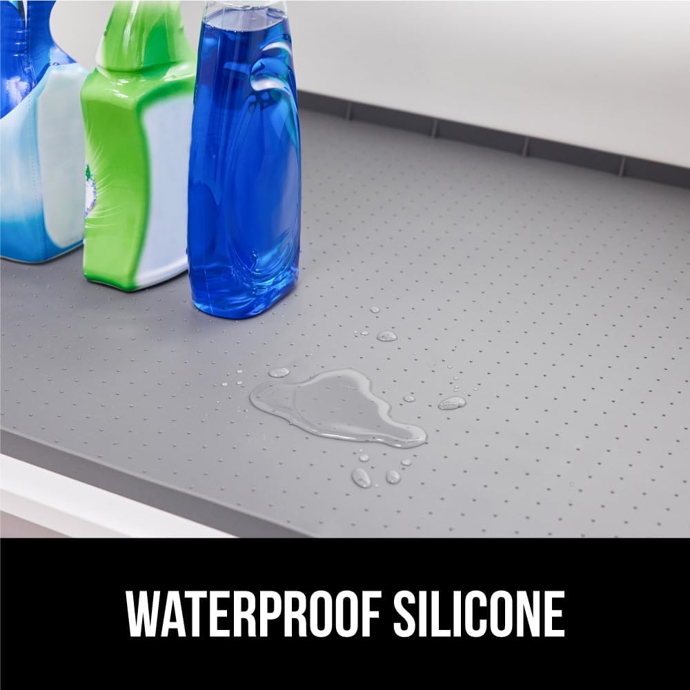 GORILLA GRIP Waterproof Silicone Under Sink Mat with Raised Lip for Kitchen and Bathroom, 34 x 22 in, Cabinet Shelf Liner Stay in Place Mats Dishwasher Safe Drawer Liner, Organizer Tray, Gray