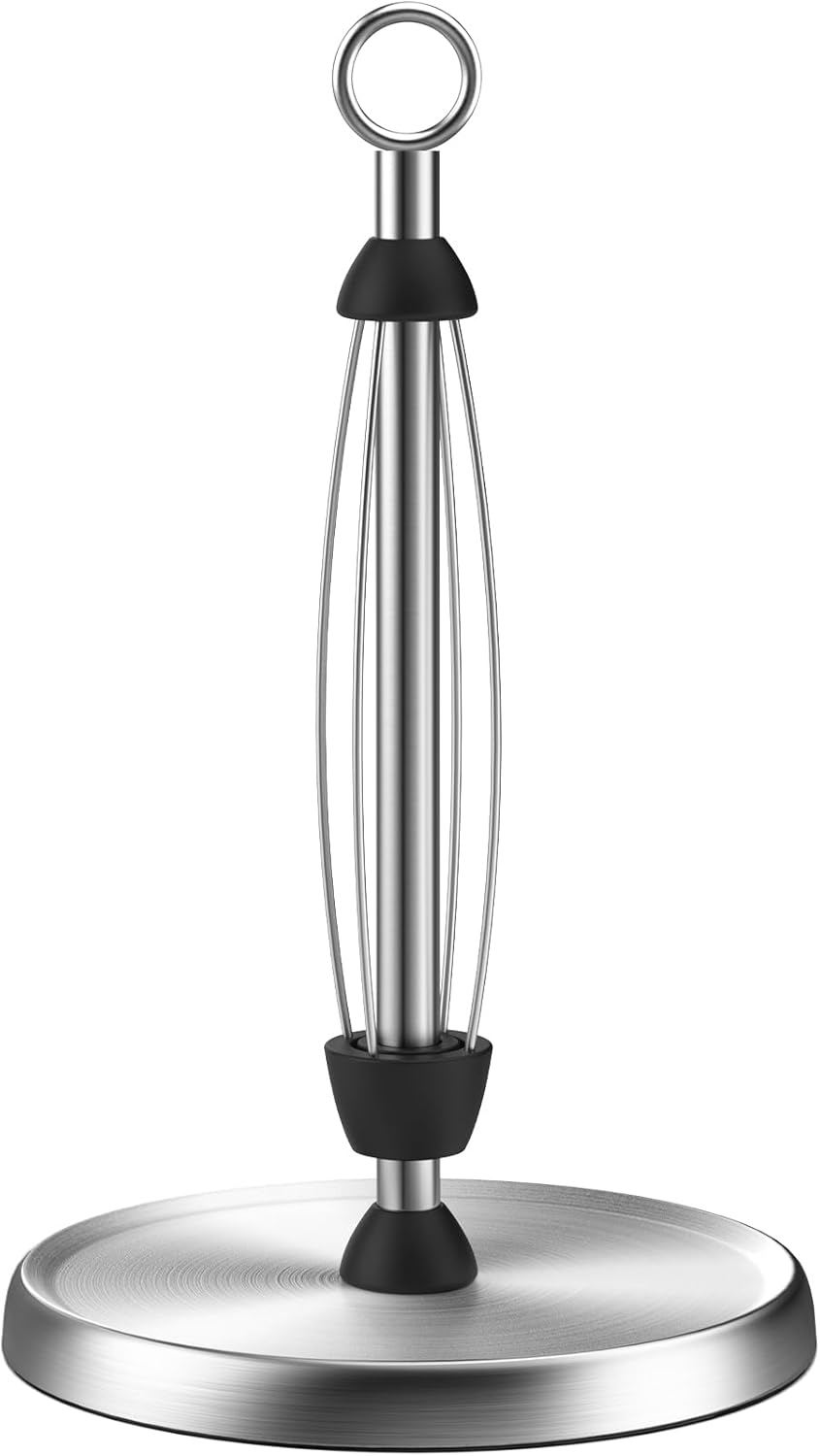 HZE Paper Towel Holder Countertop, One-Handed Tear, Stainless Steel, Weighted Base, Silver, Ring Paper Towel Holder Stand with Ratchet System for Kitchen Farmhouse Essentials Decor Accessories