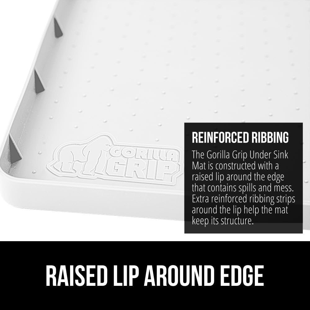 GORILLA GRIP Waterproof Silicone Under Sink Mat with Raised Lip for Kitchen and Bathroom, Cabinet Shelf Liner Stay in Place Mats Dishwasher Safe Drawer Liner, Organizer Tray, 19 x 34 in, White