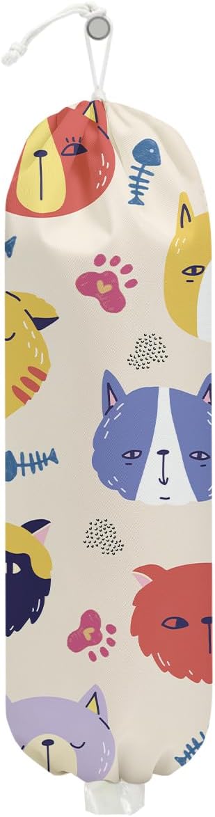 Cat Plastic Bag Holder, Wall Mount Grocery Bag Holder, Plastic Storage bag, Pull Rope Free Adjustment, Plastic Bag Holders for Grocery Bags, Plastic Bag Dispenser for Home Kitchen Camping