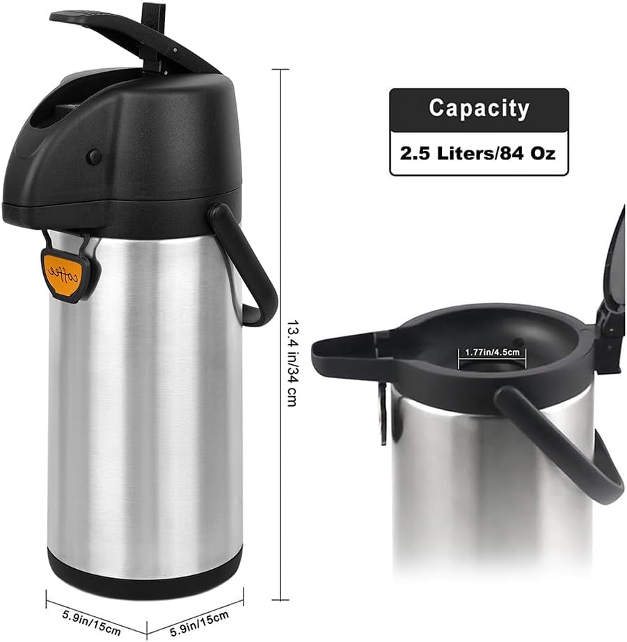 Airpot Coffee Dispenser Thermal with Pump,2.5L/85 Oz Insulated Stainless Steel Large Airpot Coffee Carafe Lever Action for Hot/Cold Water,Thermal Carafes for Hot Cocoa for Parties