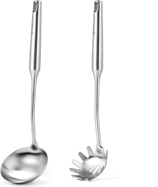 Stainless Steel Soup Ladle and Spaghetti Spoon Set - Large Ladle Spoon, Pasta Strainer, Durable Kitchen Cooking Utensils for Stirring, Serving Pasta, Soup & Sauce [Heat Resistance，Integral Forming]