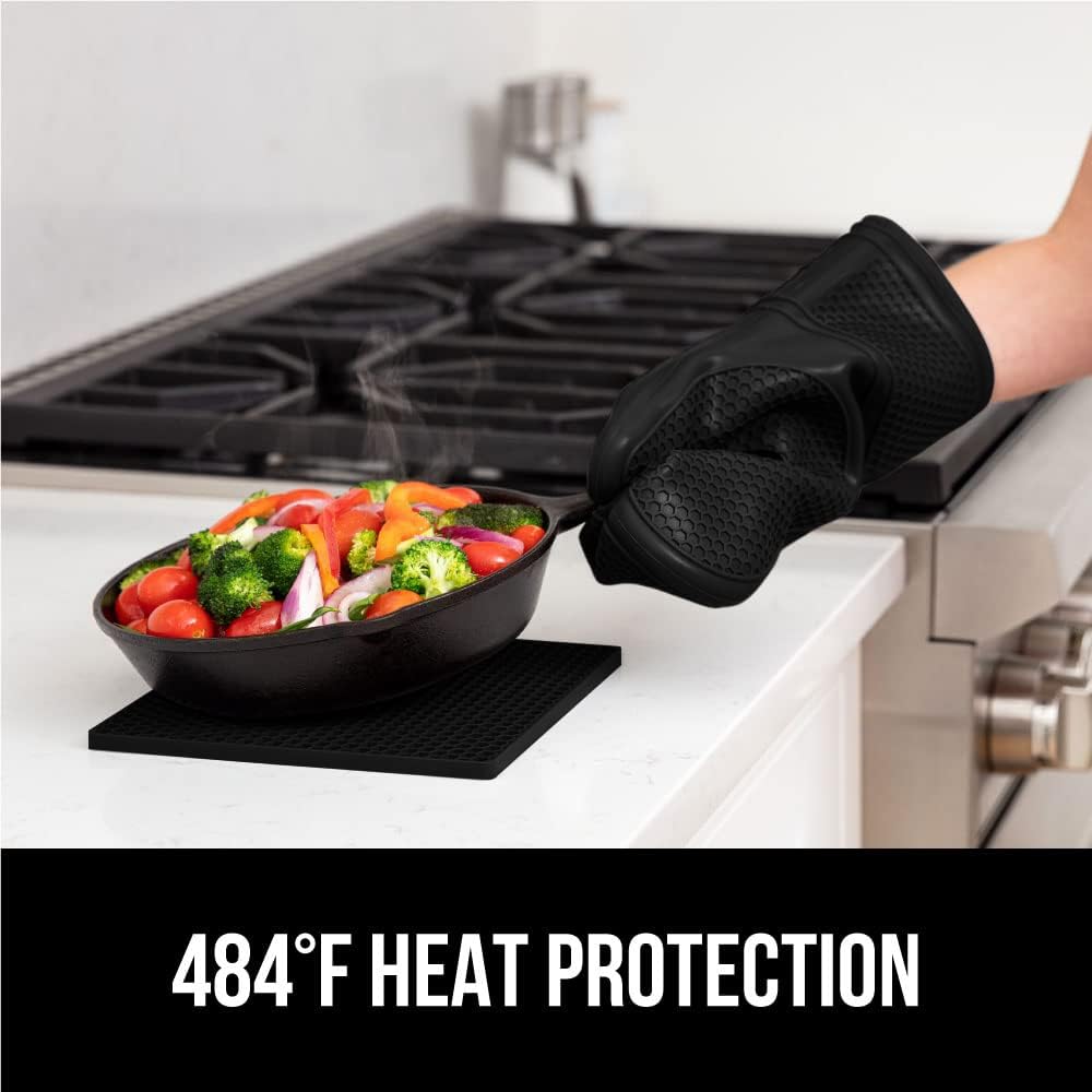 GORILLA GRIP BPA-Free Soft Silicone Oven Mitts and Pot Holders Sets of 4, Heat Resistant Waterproof Cooking Gloves, Thick Cotton Lining, Flexible Gripping for Baking Grilling, Kitchen Trivets, Black