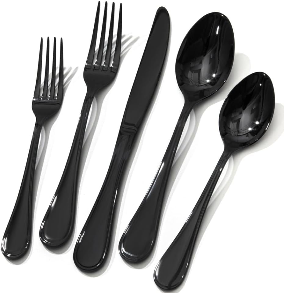 KINGSTONE 20 Piece Teardrop Silverware Set for 4, 18/10 Stainless Steel Flatware Set, Modern Design Cutlery Set for Home/Hotel/Wedding,Mirror Polished and Dishwasher Safe, Black