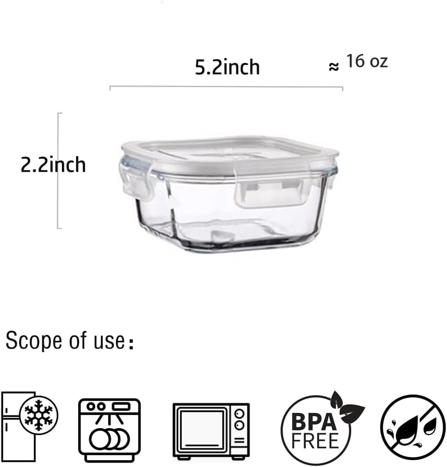 16PC Square Glass Storage Containers With Lids, 2 Cup Glass Food Containers With Lids, Square Meal Prep Bowls, Small Bowls For leftovers, Dishwasher, Freezer Safe (8 lids & 8 Containers)
