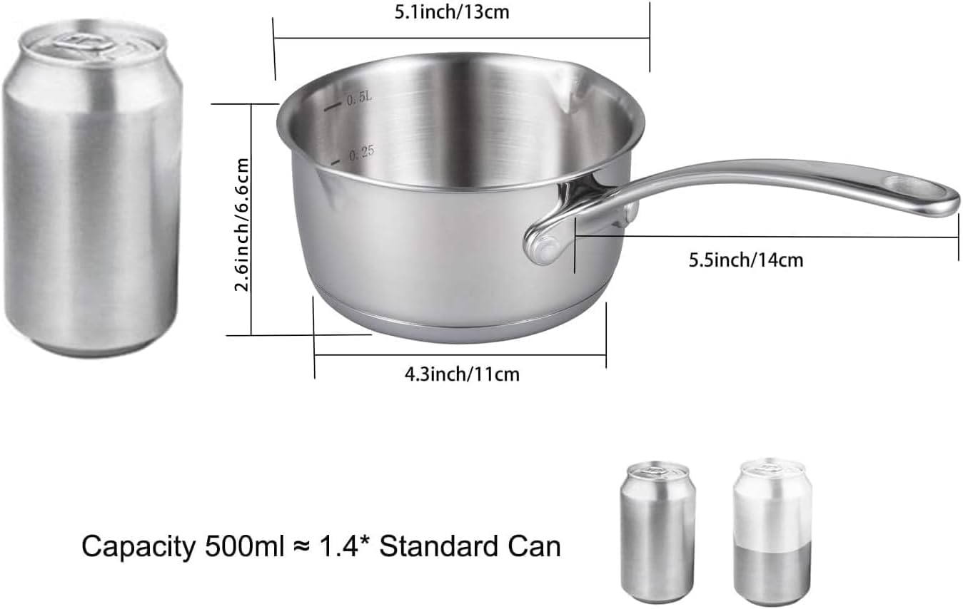 IMEEA Small Saucepan for Melting Butter Heavy Duty 18/10 Tri-Ply Stainless Steel Butter Warmer with Dual Pour Spouts, 0.75-Quart