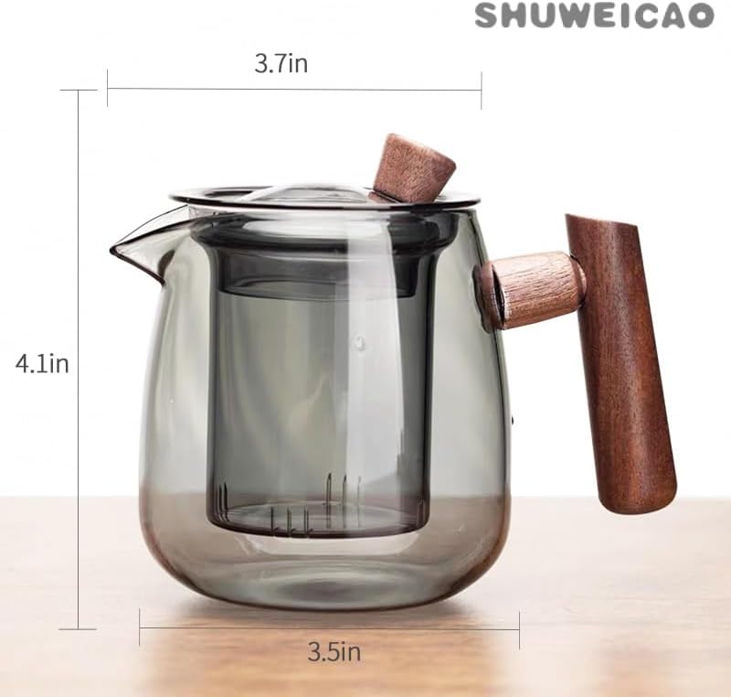 Glass Teapot,18.6oz/550ml Glass Tea Kettle With Wooden Handle,Stovetop & Microwave Safe Glass Borosilicate Teapot,Teapot With Infuser