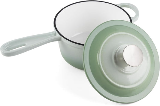 Enameled Cast Iron Sauce Pan, 1.6 Quarts Round Sauce Pot with Lid, Min Dutch Oven Enamel Saucepan for Cooking Pasta Sauce, Gravy, Puddings & Boiling, Gradient Green
