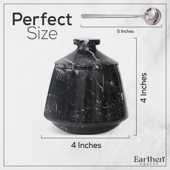 Marble Salt Cellar With Lid & Spoon Black Zebra 4 Inch Stone Salt Container - Seasoning Spice Jar Holder & Jewelry Storage - Salt Box For Kitchen Counter