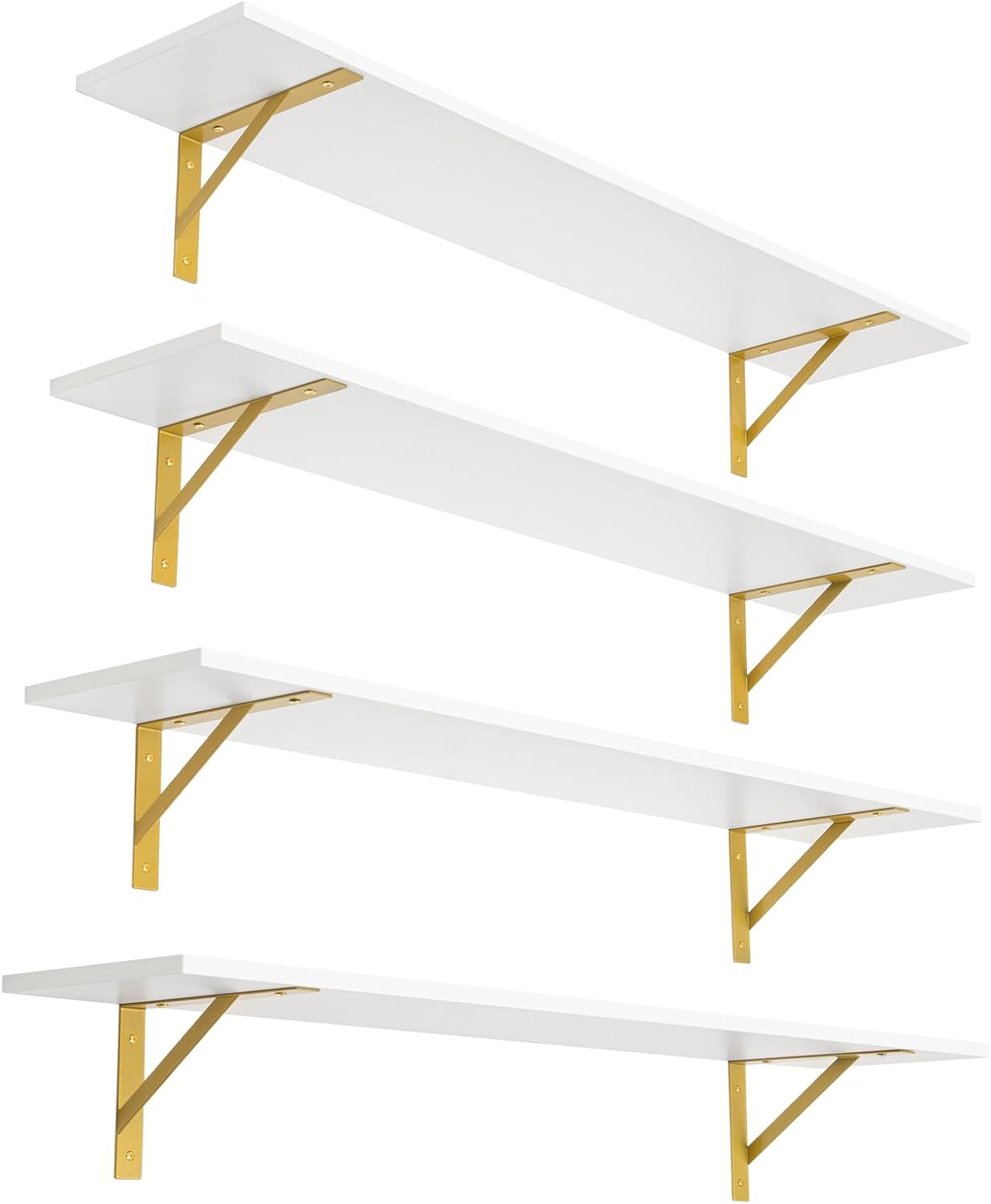 DINZI LVJ Long Wall Shelves, Set of 4, 47.3" Wall Mounted Shelves, Large Floating Shelves for Storage with Metal Brackets, for Living Room, Bathroom, Bedroom, Kitchen, White and Gold
