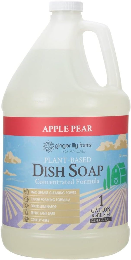 Ginger Lily Farms Botanicals Plant-Based Liquid Dish Soap, Concentrated Formula with Max Grease Cleaning Power, Cruelty-Free, Apple Pear Scent, 1 Gallon Refill (128 Fl. Oz.)