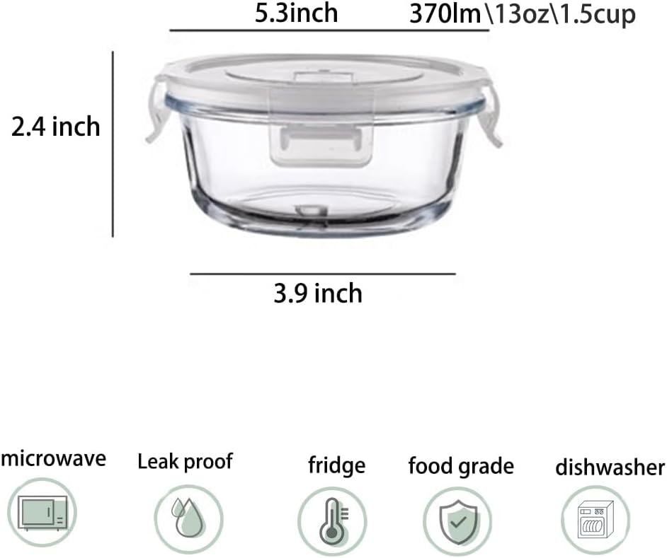 4Pack Round Glass Food Storage Containers With Lids, 1.5 Cup Round Meal Prep Bowls With Lids BPA-Free, Small Glass Food Containers for Soup Leftover, Microwave, Dishwasher, Freezer Safe