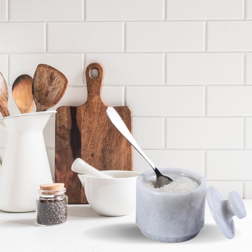 White Marble Salt Cellar with Lid| 3.2 Inch Elegant Kitchen Condiment Keeper| Decorative Salt Holder| Salt Cellar Marble| Salt, Sugar, Spices Container,Salt Bowl