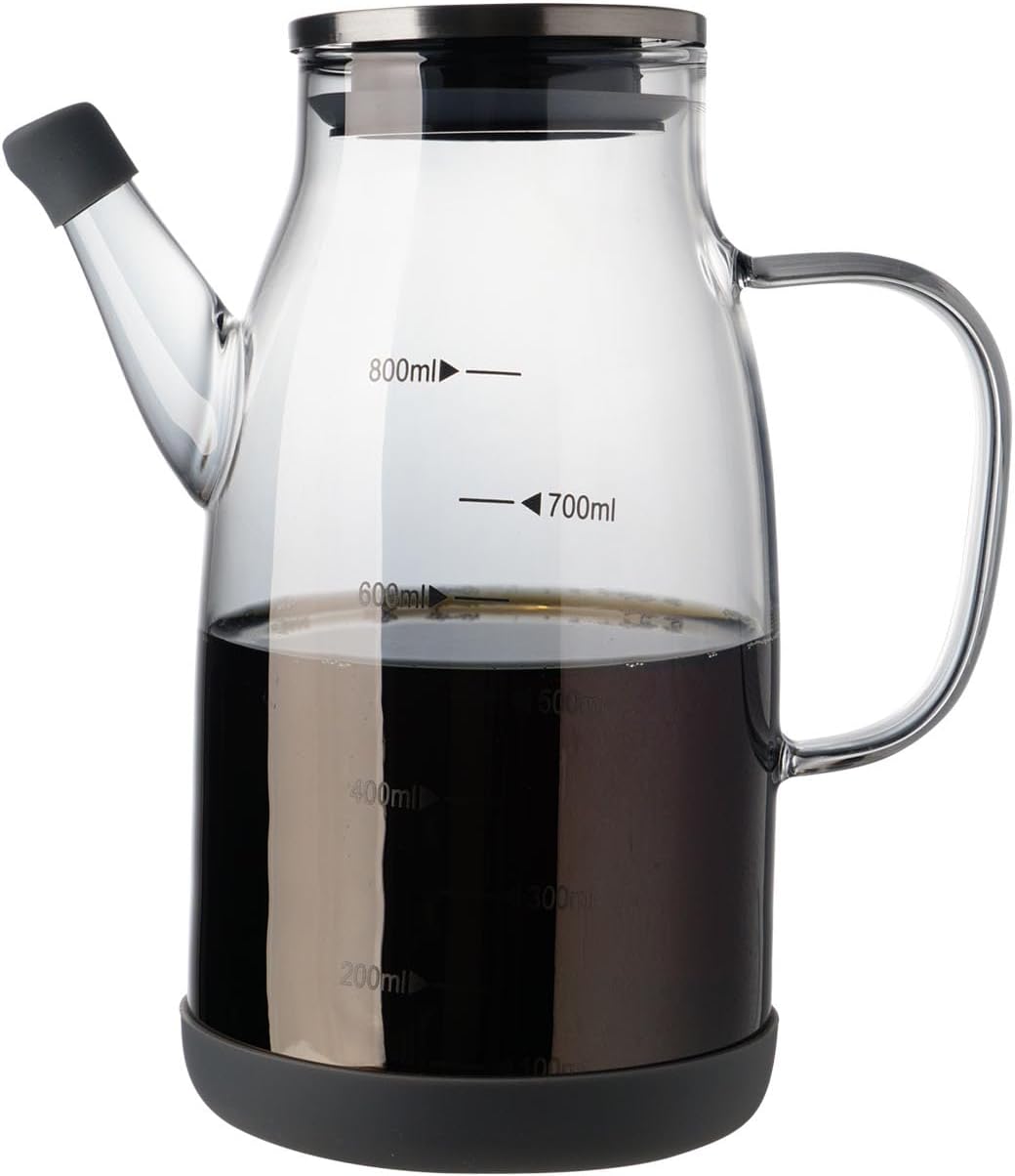 Large Glass Oil Dispenser Bottle for Kitchen Cooking Recipiente Para Aceite De Cocina Olive Oil Vinegar Dispenser Cruet Stainless Steel Lid No Drip Liquid Container (Grey, 27oz / 800ml)