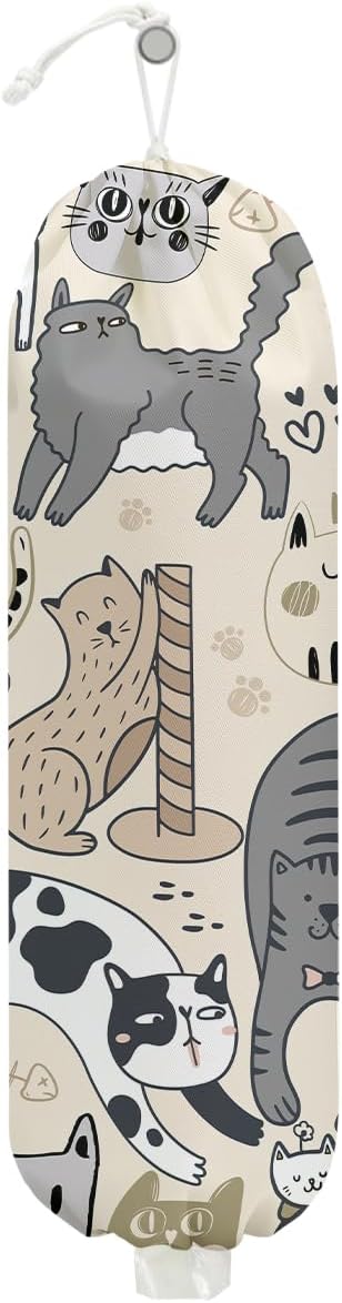 Cat Plastic Bag Holder, Wall Mount Grocery Bag Holder, Plastic Storage bag, Pull Rope Free Adjustment, Plastic Bag Holders for Grocery Bags, Plastic Bag Dispenser for Home Kitchen Travelling