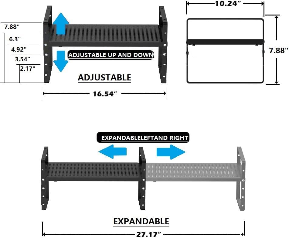 Expandable Shoe Rack Stackable Metal Pantry Storage Shelves Stand Adjustable Height Cabinet Shelf Organizer Racks Spice Shelving(1PACK/BLACK,LARGE)