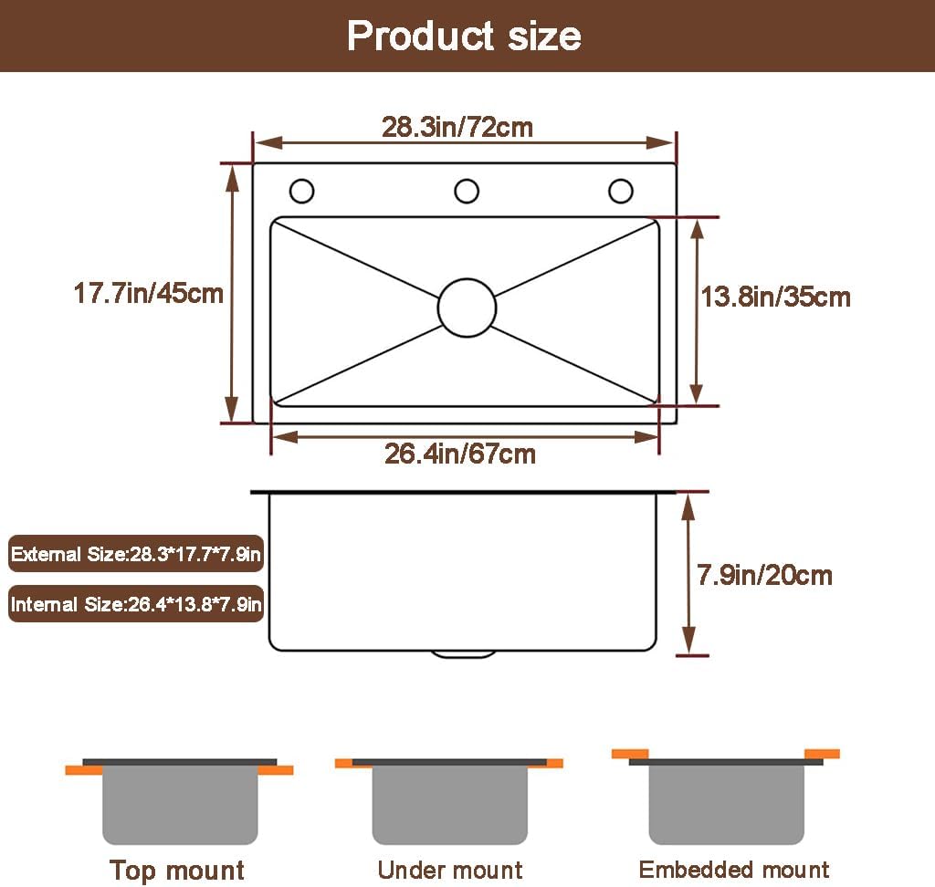 Black Drop in Kitchen Sink, Stainless Steel Single Bowl Sink with 3 Holes, Topmount Workstation Sink, Farmhouse Rectangle Basin with Multiple Accessories (28.3 * 17.7 * 7.9in)