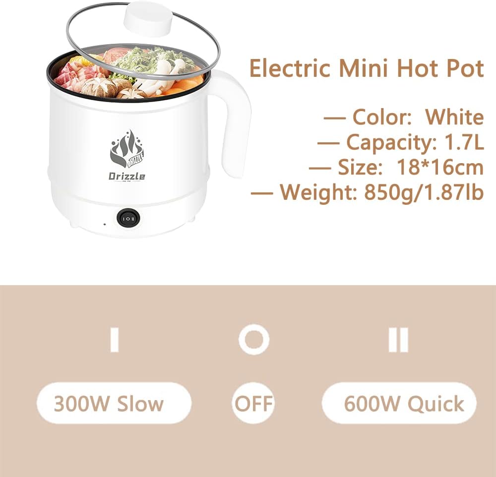 Drizzle Electric Cooker 1.7L - Mini Skillet Non-Stick Coating - Stir Fry Food Maker 110V Portable Cookerware Dorm Cooking - for Personal Ramen Boiling Steak Egg Oatmeal Soup Shabu Shabu Pot Simmer Pot