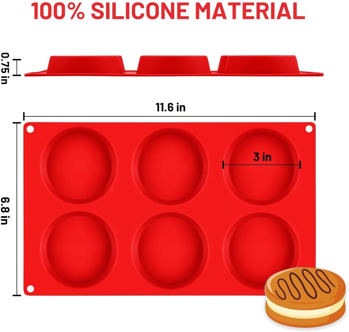CAKETIME Silicone Egg Molds, 3 Inch Muffin Top Pan 4 Pack Nonstick for Baking English Muffin, Whoopie Pie, Corn Bread, Egg bite, Breakfast Sandwiches