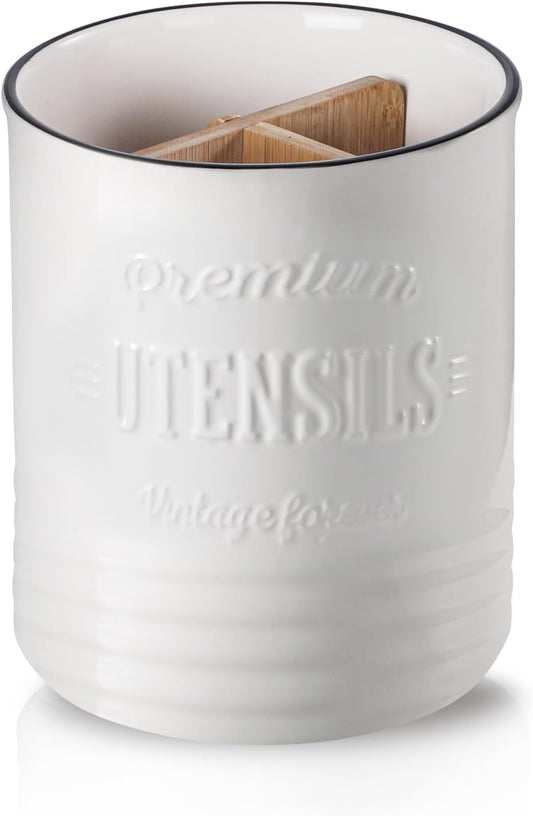 DOWAN 3 Compartment Kitchen Utensil Holder, 7.2″ Extra-Large Ceramic Stable Utensil Caddy, Rustic Cooking Utensil Crock for Farmhouse Kitchen Décor, Utensil Holder for Countertop