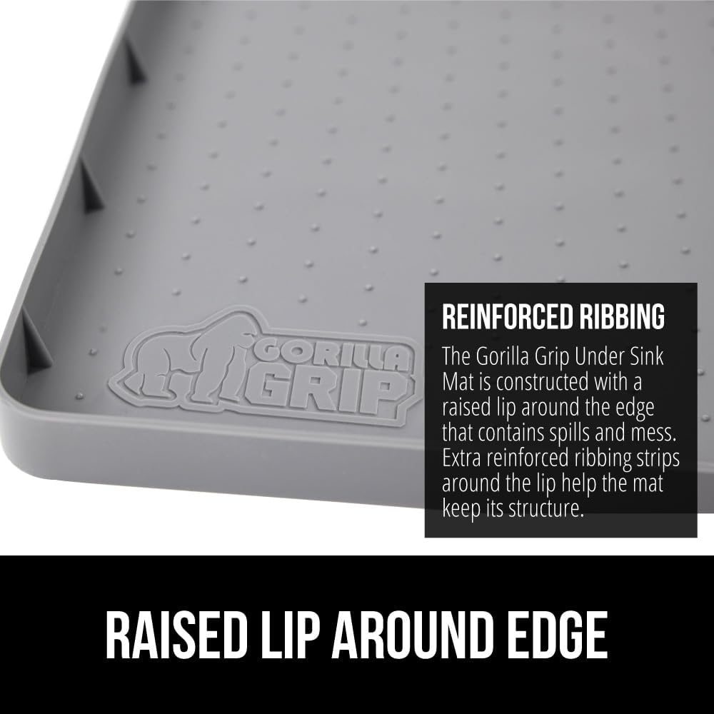 GORILLA GRIP Waterproof Silicone Under Sink Mat with Raised Lip for Kitchen and Bathroom, 28 x 22 in, Cabinet Shelf Liner Stay in Place Mats Dishwasher Safe Drawer Liner, Organizer Tray, Gray