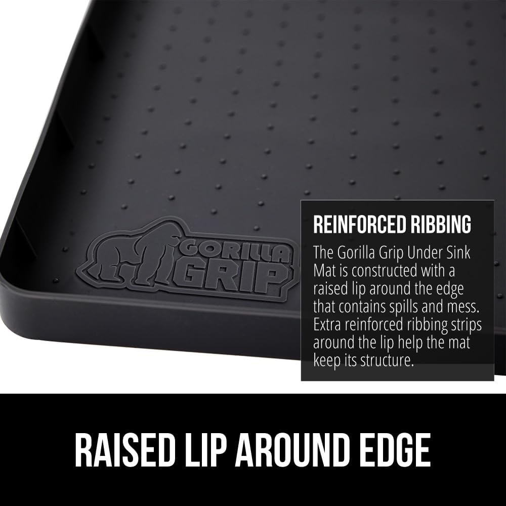 GORILLA GRIP Waterproof Silicone Under Sink Mat with Raised Lip for Kitchen and Bathroom, 31 x 22 in, Cabinet Shelf Liner Stay in Place Mats Dishwasher Safe Drawer Liner, Organizer Tray, Black