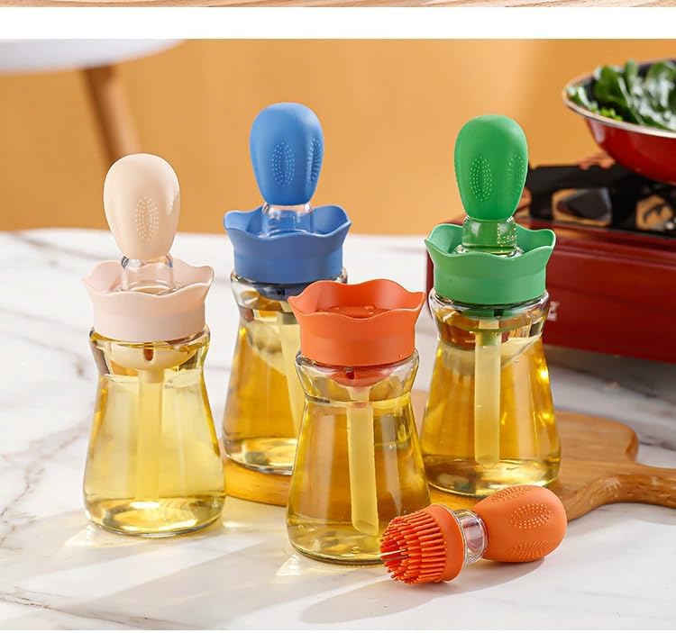 Oil Dispenser with Brush-2Pack 7oz/200ML 2 IN 1 Glass Cooking Oil Dispenser Bottle with Silicone Basting Brush for Kitchen, Oil Storage and Container for Cooking BBQ, Vinegar, Sauce, Air Fryer - Green