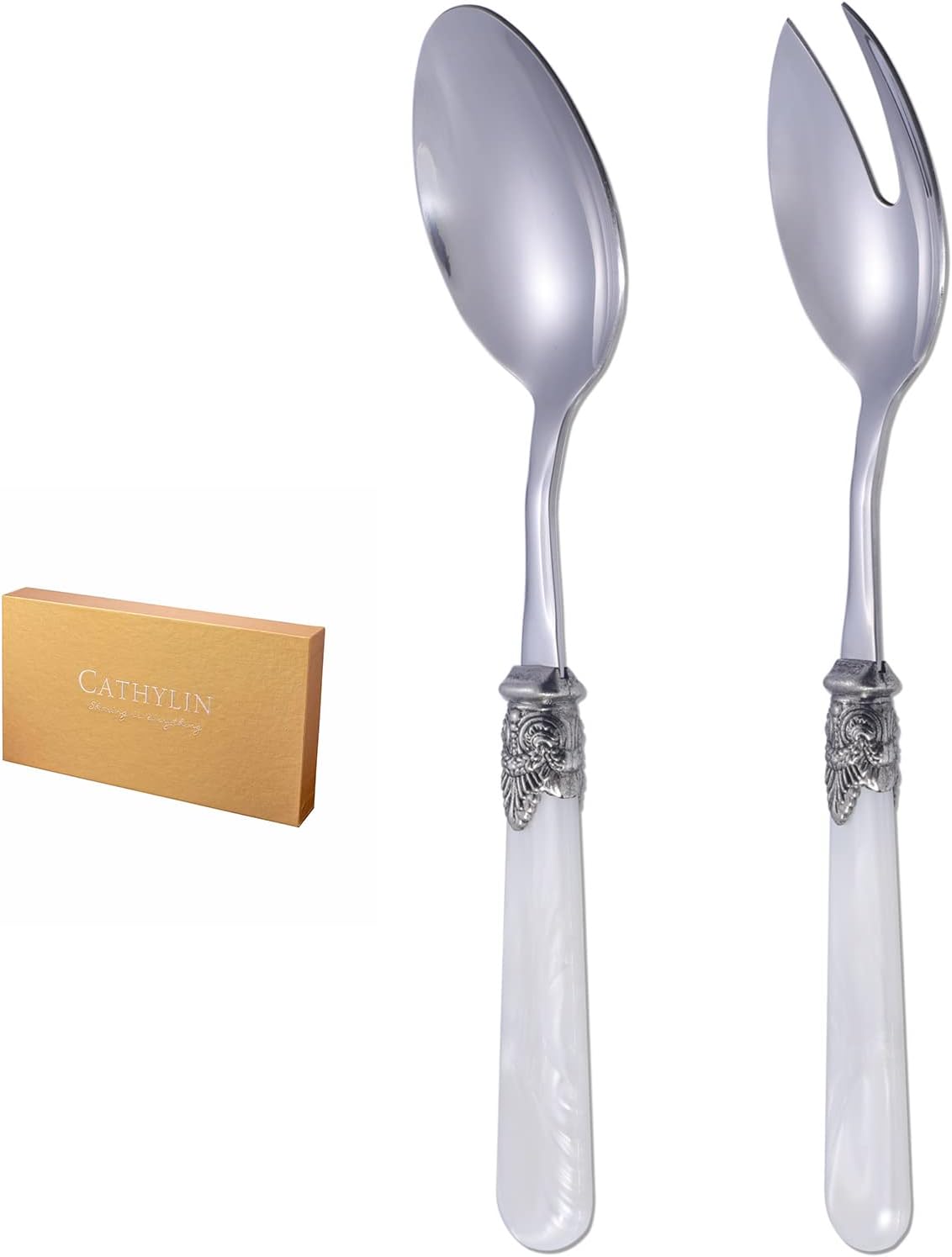 2-piece Salad Servers Stainless Steel Salad Serving Set Salad Fork and Spoon (White)