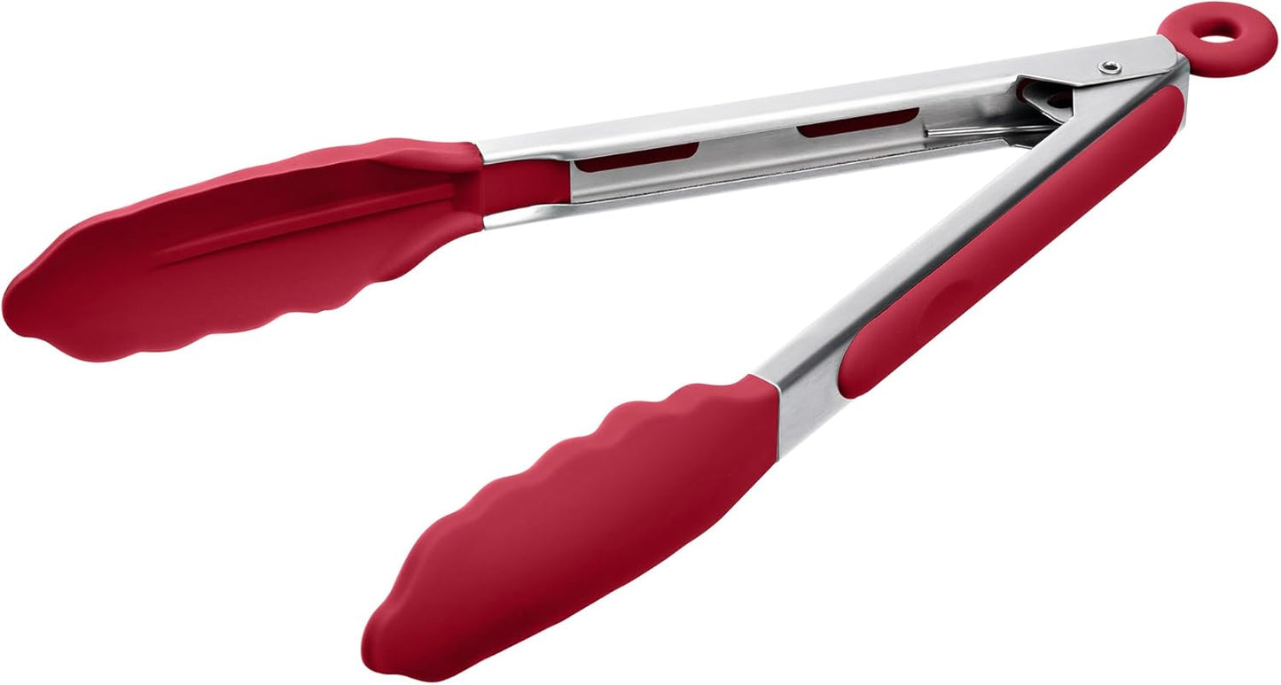Doosu Kitchen Tongs for Cooking - 600°F Heat Resistant Food Tong with Non-Scratch Silicone Tips, Heavy Duty Stainless Steel Locking Tong for BBQ, Grilling Steak, Serving Salad, Pasta (9in, Red)