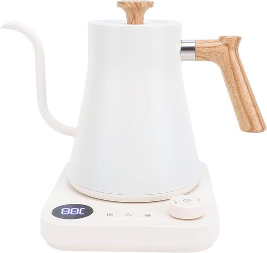 Electric Gooseneck Kettle for Pour Over Coffee/Tea, 1200W 0.9L Quick Heating Electric Kettles with Stainless Steel Inner, LCD Screen, Timing Constant Temperature, Auto Shut Off (White)