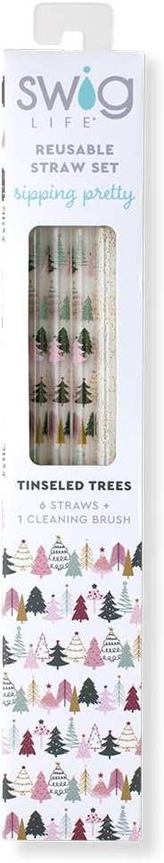 Swig Life Reusable Straws Tinseled Trees + Gold Glitter Tall Straw Set & Cleaning Brush, Each Straw is 10.25 inch Long (Fits Swig Life 20oz Tumblers, 22oz, and 32oz Tumblers)