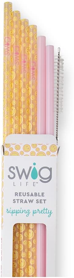 Swig Life Reusable Straws Oh Happy Day + Pink Tall Straw Set & Cleaning Brush, Each Straw is 10.25 inch Long (Fits Swig Life 20oz Tumblers, 22oz, and 32oz Tumblers)