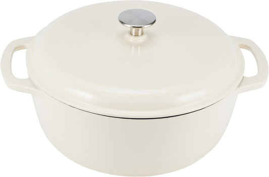 Amazon Basics Cast Iron Dutch Oven Pot with Lid, Enameled, Round, Dual Handles, Heavy-Duty, Medium, 6-Quart, White