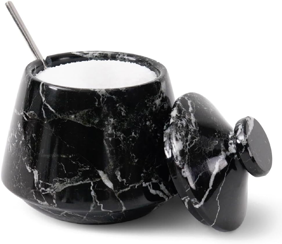 Marble Salt Cellar With Lid & Spoon Black Zebra 4 Inch Stone Salt Container - Seasoning Spice Jar Holder & Jewelry Storage - Salt Box For Kitchen Counter