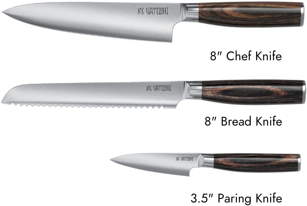 Yatoshi Kitchen Knife Set - 3 Piece, Ultra Sharp High Carbon Stainless Steel, Full Tang