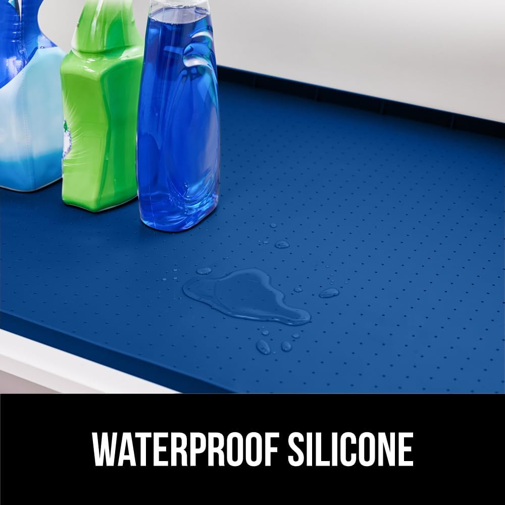 GORILLA GRIP Waterproof Silicone Under Sink Mat with Raised Lip for Kitchen and Bathroom, 46 x 22 in, Cabinet Shelf Liner Stay in Place Mats Dishwasher Safe Drawer Liner, Organizer Tray, Blue
