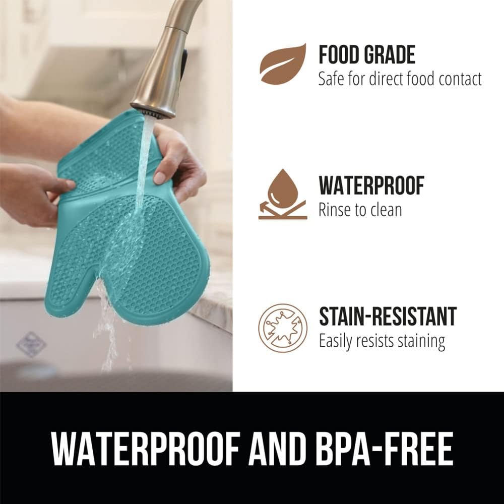 GORILLA GRIP BPA-Free Soft Silicone Oven Mitts, Heat Resistant and Waterproof Cooking Gloves, Thick Cotton Lining, Flexible Gripping for Baking Grilling, Kitchen Potholders Set, 12.5x8.3, Turquoise