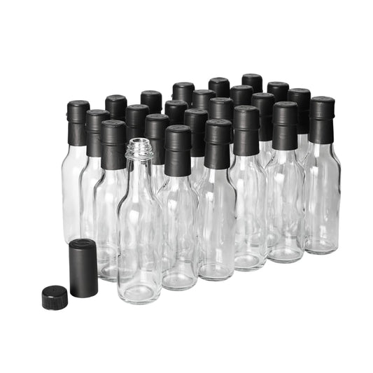 FastRack - 5oz Woozy Bottles for Hot Sauce, Pack of 24 with Black Plastic Caps & Shrink Sleeves, Empty, Clear Glass bottles with Leakproof Cap - No Dripper Included