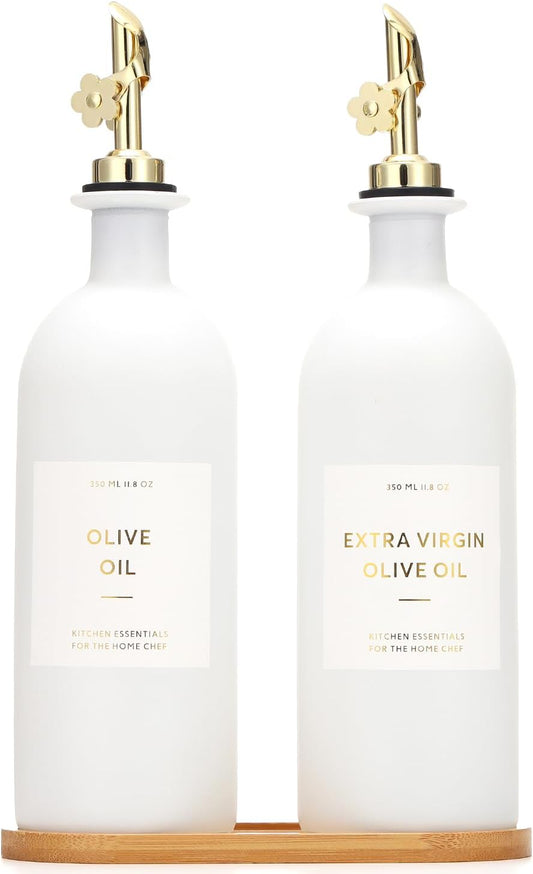 HOMCDALY Olive Oil Dispenser for Kitchen, 16oz Glass Oil Bottles with Bamboo Tray, Gold Oil&Vinegar Cruet Set, Kitchen Dispenser Bottles with Pourer | Set of 2 (16oz – Gold)