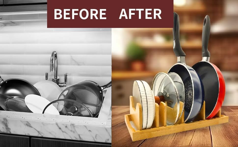 Bamboo Pot Lid Organizer for Cabinet & Kitchen Counter, Pan Lid Organizer Inside Cabinet, Pot Lid Holder, Sheet Pan Rack, Adjustable Pot Cover Holder Rack for Countertop, Under Cabinet Black