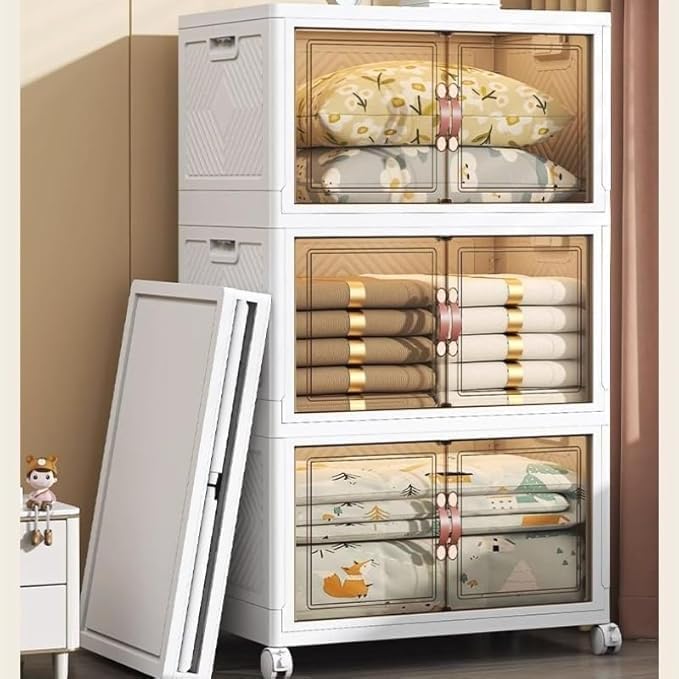 5-Tier Closet Organizer and Storage with 1 Lid, 95 Gal Stackable Storage Bins with Lids and Wheels, Folding Storage Boxes with Open Front Door for Closet and Office