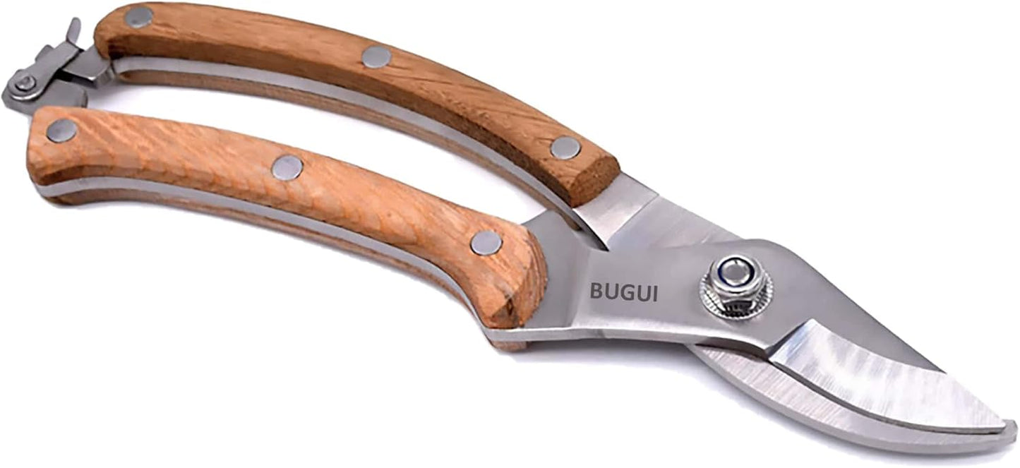 BUGUI Wood Handle Pruning Shears, SK-5 Steel Blade, 1-inch Cutting Capacity, Sharp, Well Designed Garden Shears, 8"